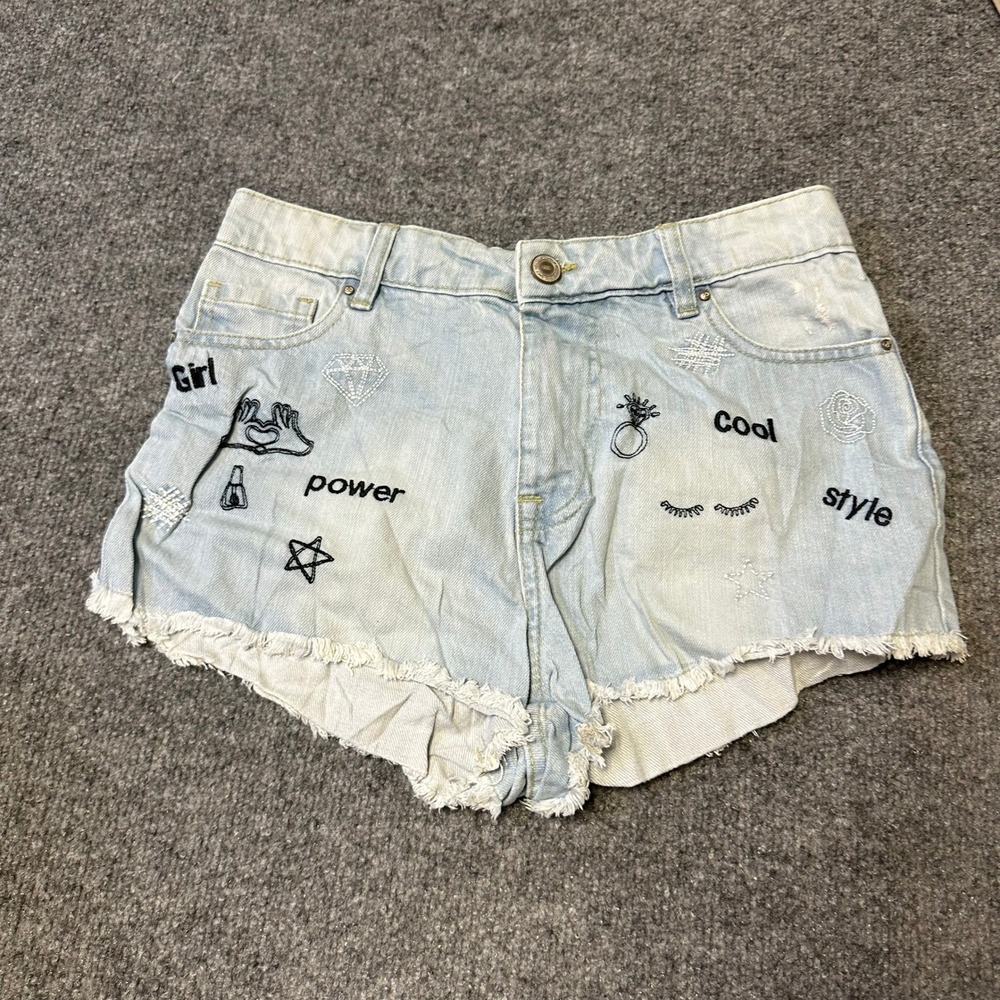 Pink Woman Denim Shorts Womens Size 36 Light Blue Embroidered Raw Hem Distressed